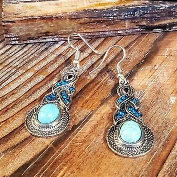 Antiqued Silver and Turquoise Dangle Earrings - Picture 2 of 4
